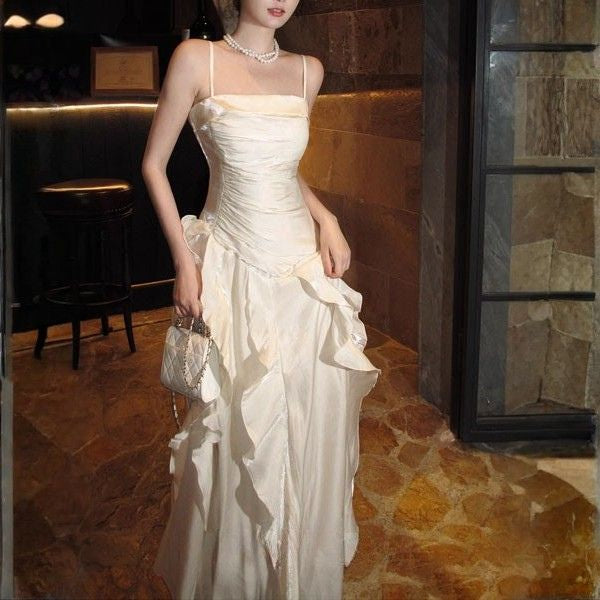 Rochelle Elegant Spaghetti Strap Ruffles Evening Dress