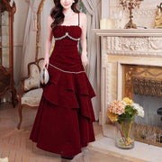 Julia Red Jewel-Embellished Velvet Ruffles Evening Dress
