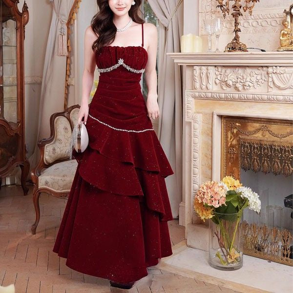 Julia Red Jewel-Embellished Velvet Ruffles Evening Dress