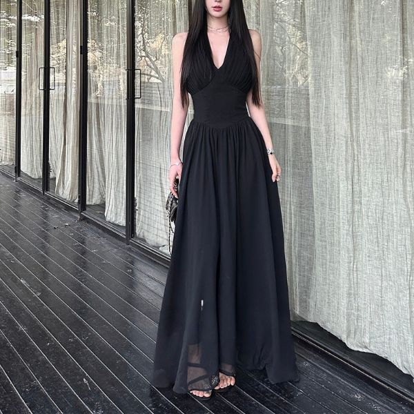 Solenne Black Elegance Pleated Halter Dress