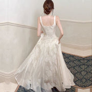 Leia Ivory Floral Appliqué A-Line Square Neckline Dress