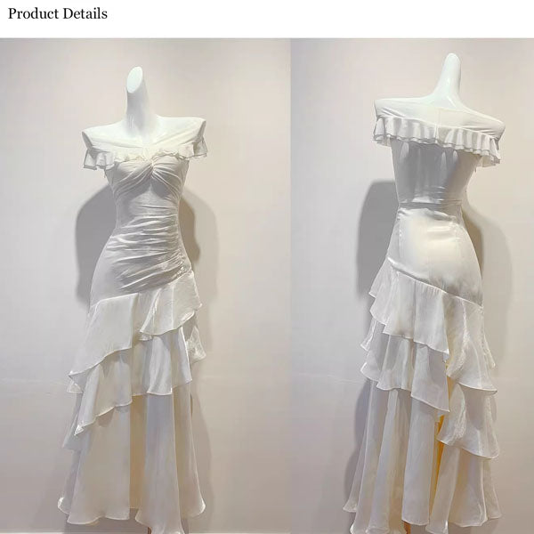 Meliora Elegant Ivory Off-Shoulder Ruffles Evening Dress