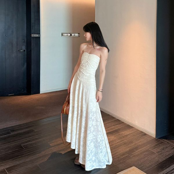 Camilia Strapless Ivory Flora Asymmetrical Maxi Dress