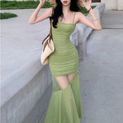 Arina Ruched Green Bodycon Maxi Dress with Sheer Overlay