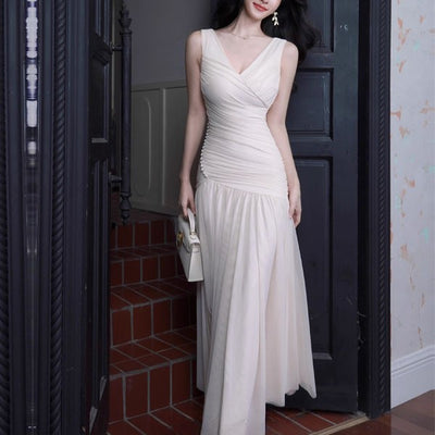 Mariselle Ivory Ruched Elegant Flowing Dress