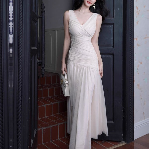 Mariselle Ivory Ruched Elegant Flowing Dress