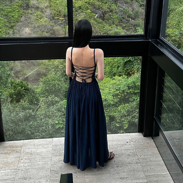 Lyra Elegant Backless Navy Maxi Dress