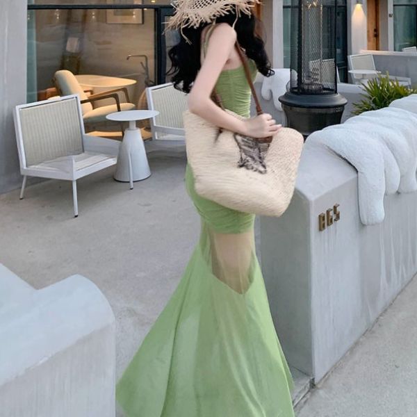 Arina Ruched Green Bodycon Maxi Dress with Sheer Overlay