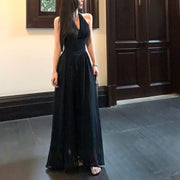 Solenne Black Elegance Pleated Halter Dress