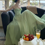 Willow Meadow Light Green Romantic Ruffles Neckline Dress
