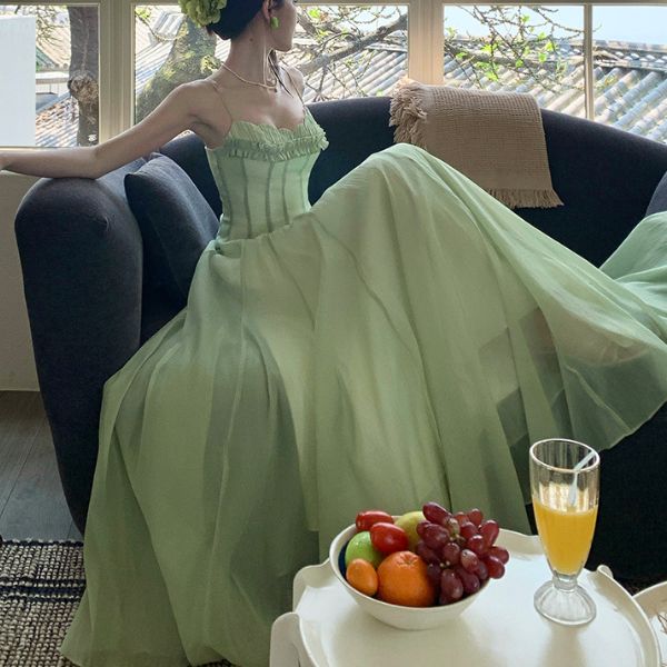Willow Meadow Light Green Romantic Ruffles Neckline Dress