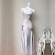 Sylvette Silver Satin Sweetheart Neckline Ruched Evening Dress