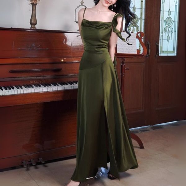 Marcelline Olive Green Cowl Neck Evening Dress