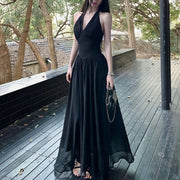 Solenne Black Elegance Pleated Halter Dress