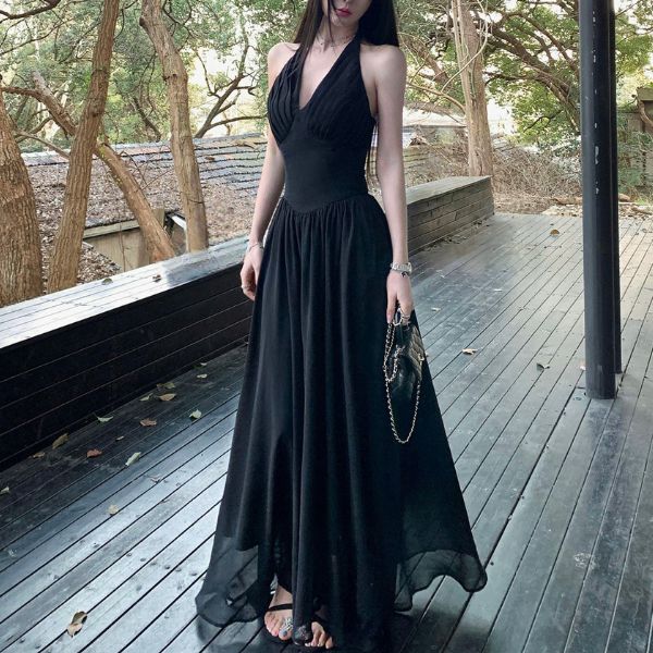 Solenne Black Elegance Pleated Halter Dress