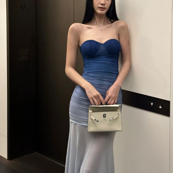 Liroa Elegant Ombré Ruched Strapless Evening Dress