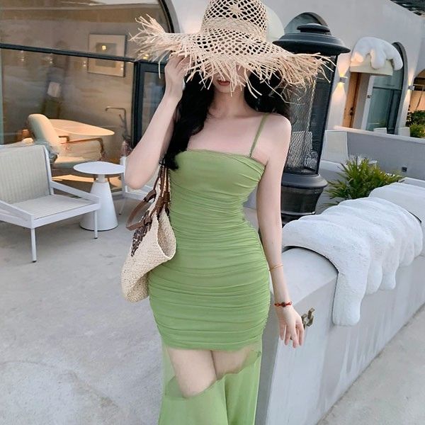 Arina Ruched Green Bodycon Maxi Dress with Sheer Overlay