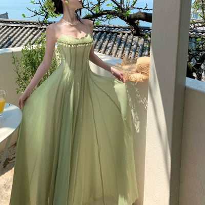 Willow Meadow Light Green Romantic Ruffles Neckline Dress