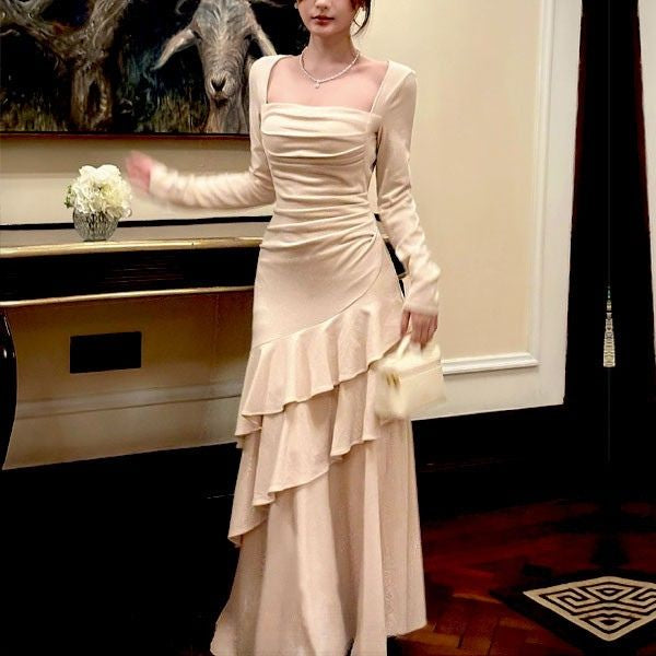 Kellista Elegant Square Neck Ruched Ruffles Dress