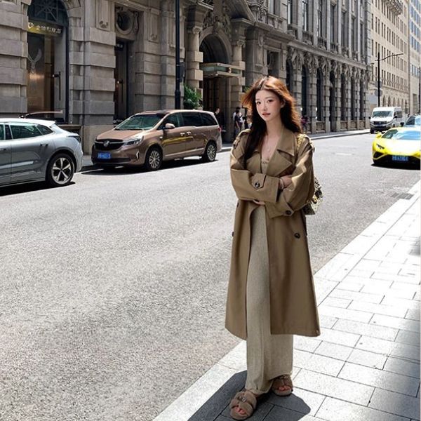 Clara Elegant Khaki Mid-Length Double-Breasted Trench Coat