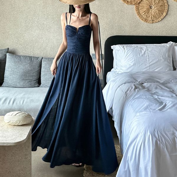 Lyra Elegant Backless Navy Maxi Dress