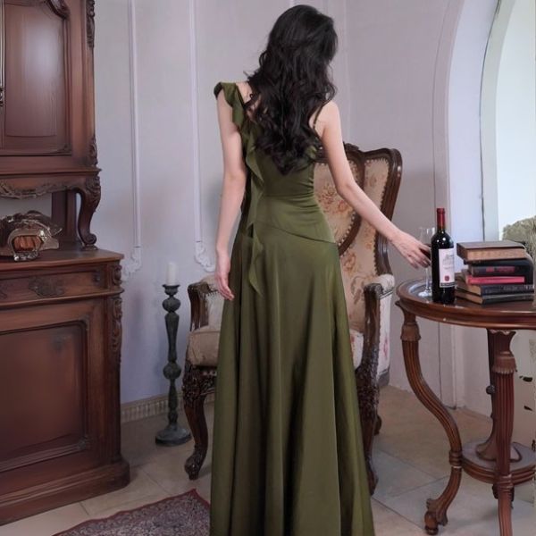 Marcelline Olive Green Cowl Neck Evening Dress