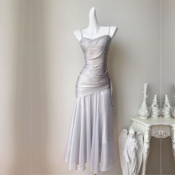 Sylvette Silver Satin Sweetheart Neckline Ruched Evening Dress