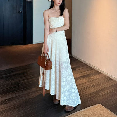 Camilia Strapless Ivory Flora Asymmetrical Maxi Dress