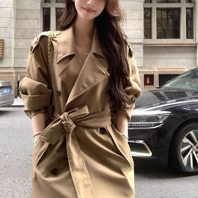 Clara Elegant Khaki Mid-Length Double-Breasted Trench Coat