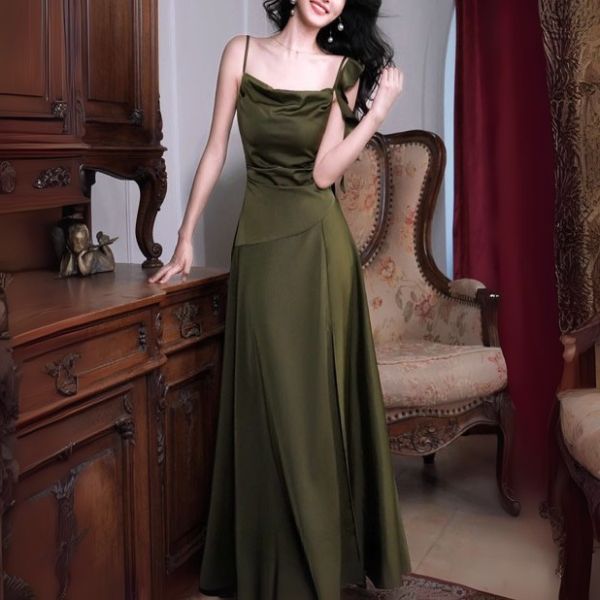 Marcelline Olive Green Cowl Neck Evening Dress