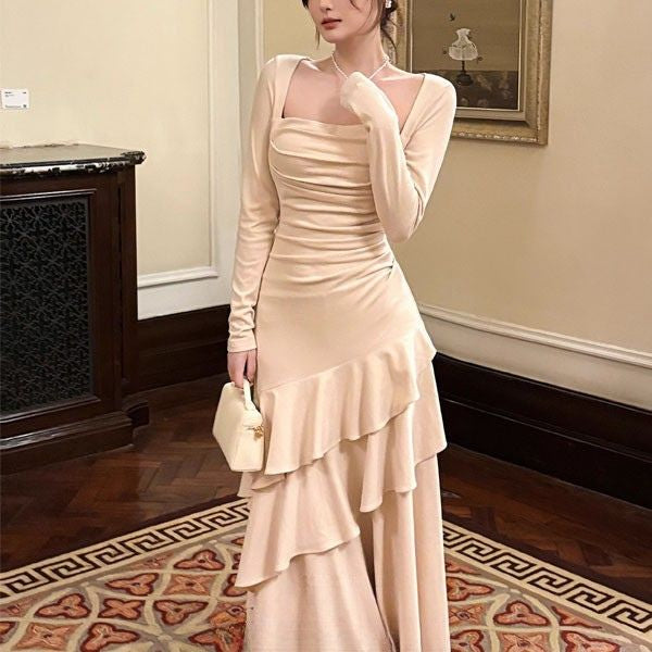 Kellista Elegant Square Neck Ruched Ruffles Dress