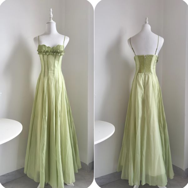 Willow Meadow Light Green Romantic Ruffles Neckline Dress