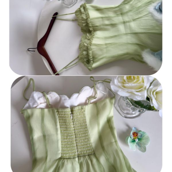 Willow Meadow Light Green Romantic Ruffles Neckline Dress