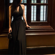 Solenne Black Elegance Pleated Halter Dress