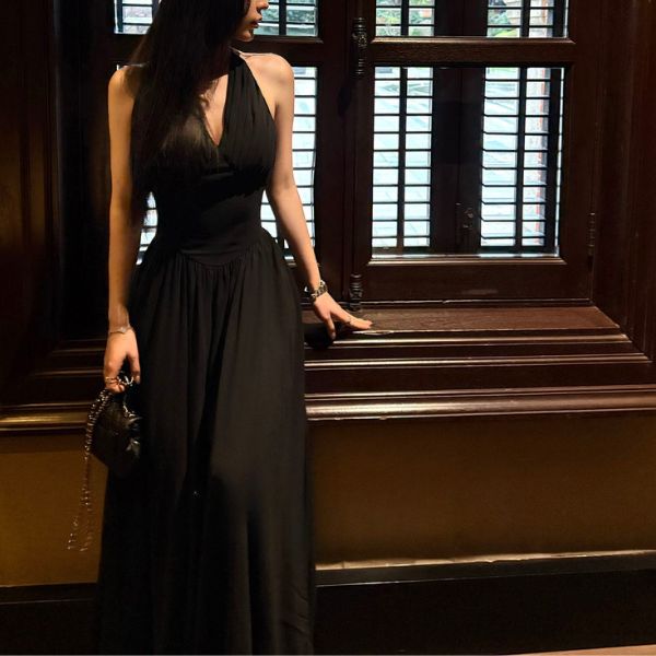 Solenne Black Elegance Pleated Halter Dress