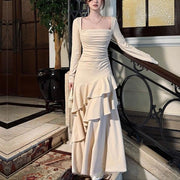 Kellista Elegant Square Neck Ruched Ruffles Dress