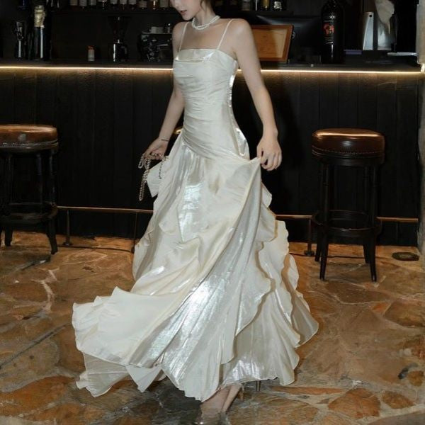 Rochelle Elegant Spaghetti Strap Ruffles Evening Dress