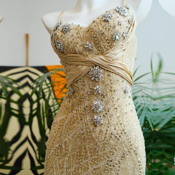 Aurora Glamorous Gold Sequin and Crystal Embellished Evening Dress M