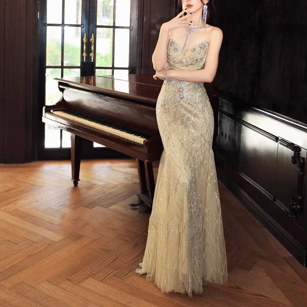 Aurora Glamorous Gold Sequin and Crystal Embellished Evening Dress M