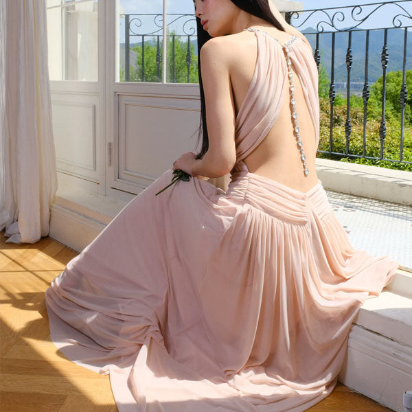 adele halter maxi dress Elegant Bejeweled Neck Evening 3D Flower Applique