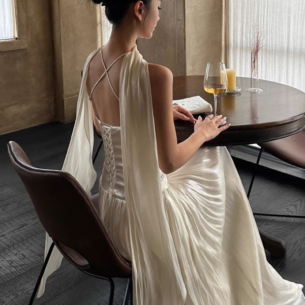 ivory halter neck dress Ghost Amaia Halter Neck Satin Maxi Dress