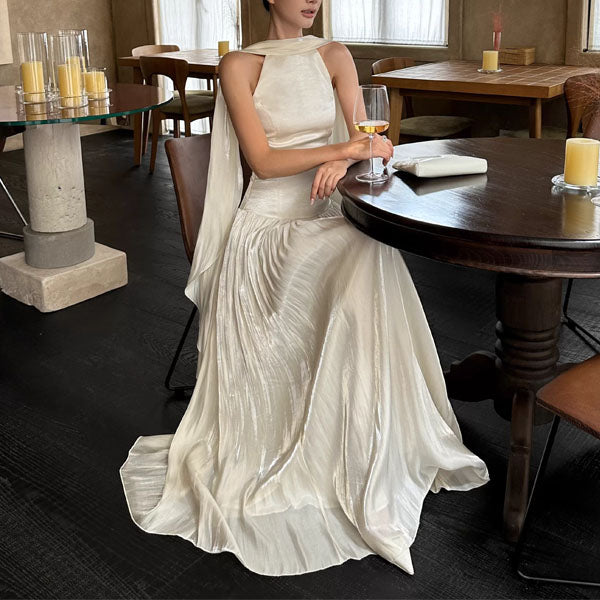 ivory halter neck dress Bethany Ethereal Ivory Halter Neck Flowing Scarf Evening Dress S / Normal Length (suitable for Height 160