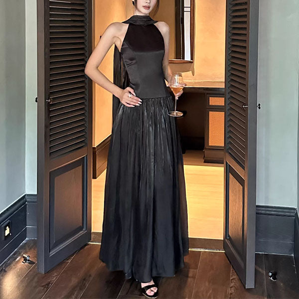 Bethany Ethereal Black Halter Neck Flowing Scarf Evening Dress XS / Normal Length (suitable for Height 160