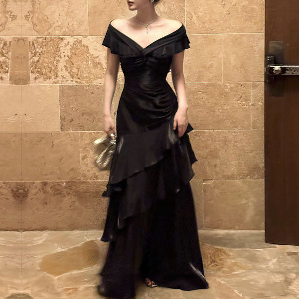 Meliora Elegant Black Off-Shoulder Ruffles Evening Dress