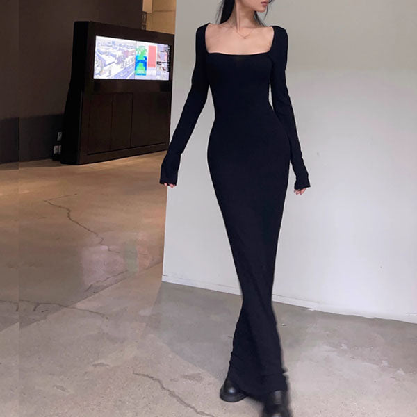 Jolie Black Ribbed Long Sleeve Bodycon Dress