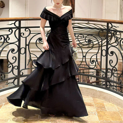 Meliora Elegant Black Off-Shoulder Ruffles Evening Dress