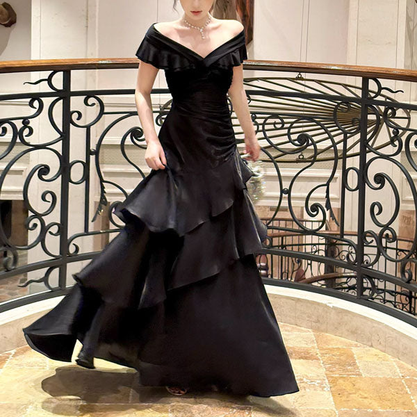 Meliora Elegant Black Off-Shoulder Ruffles Evening Dress