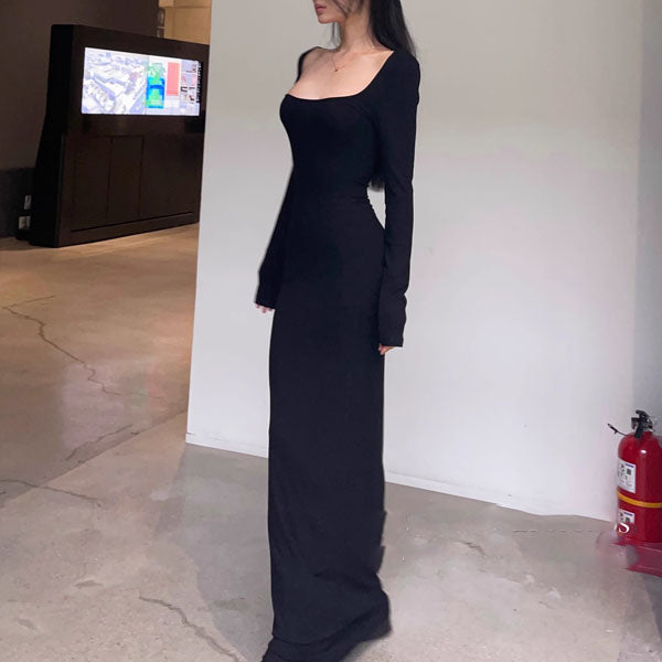 Jolie Black Ribbed Long Sleeve Bodycon Dress