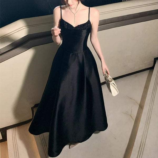 green emerald velvet dress Anita Elegant Black Spaghetti Strap Midi Evening Dress Xs