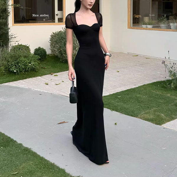 Alessia Elegant Black Mesh Sleeve Sweetheart Neckline Evening Dress M